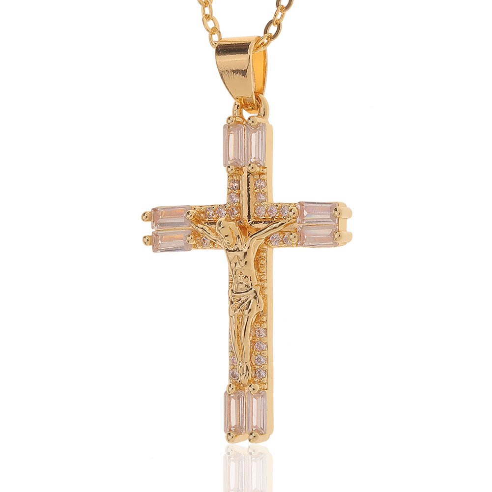 Venta al por mayor collar con colgante de cruz de circón micropavimentado de cobre